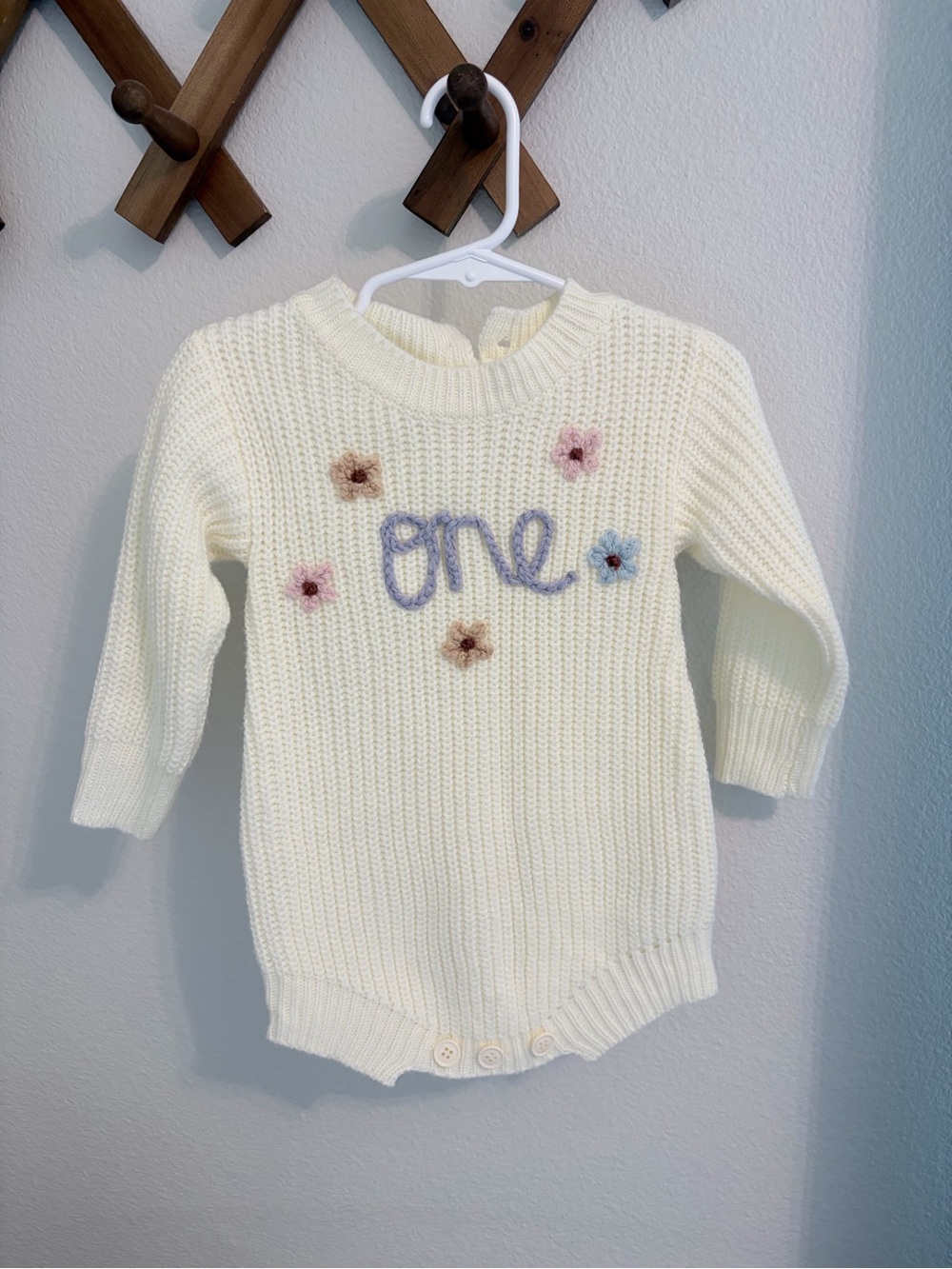 Cream Knit 'One' Baby Romper Sweater with Floral Accents